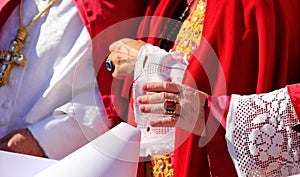 hand of a bishop in clerical dress blessing the faithful photo