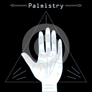 Hand on a black background with lines and signs of fate on it. Palmistry, esotericism
