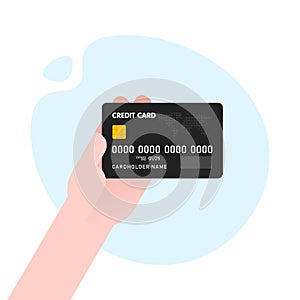 Hand with black credit card for payment on blue abstract modern shape background Vector illustration business concept