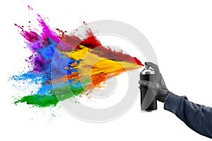 hand with black glove and color spray can with colorful rainbow paint powder cloud explosion isolated white panorama background.