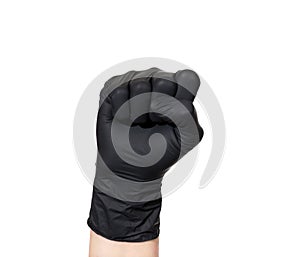 A hand in a black glove on a white background is closed into a fist with the palm out