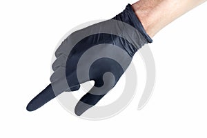 Hand in a black medical protective latex glove pointing gesture isolated on white, cut out. Human hand in rubber glove