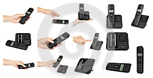 Hand with black office phone, set and collection