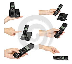 Hand with black office phone, set and collection