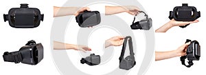 Hand with black plastic virtual reality mask, vr glasses, set and collection