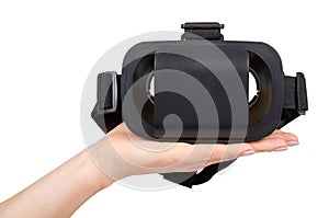 Hand with black plastic VR headset, Virtual Reality mask