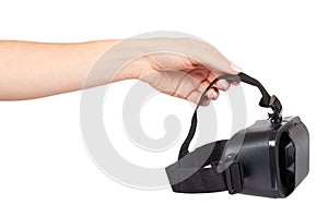 Hand with black plastic VR headset, Virtual Reality mask