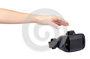 Hand with black plastic VR headset, Virtual Reality mask