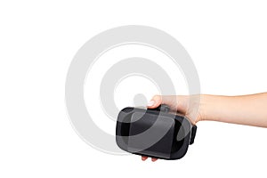 Hand with black plastic VR headset, Virtual Reality mask