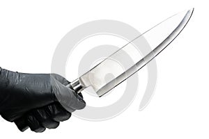 Hand in black rubber glove with big sharp knive, crime concept. Arm in black latex glove closeup isolated on white background