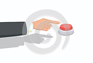 Hand with black sleeve and white shirt push the Red Button with a finger.