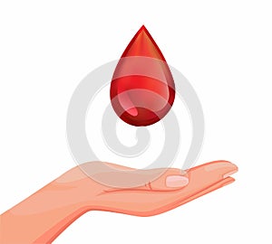 Hand with blood droplet symbol for donation blood for charity concept in cartoon illustration vector