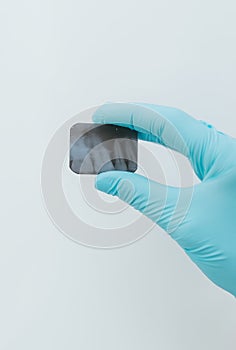 Hand in blue glove holding small dental x-ray photo