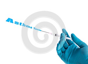 Hand in a blue glove holding syringe with Asthma vaccine text is