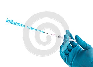 Hand in a blue glove holding syringe with influenza vaccine text