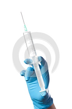 Hand in blue glove holding syringe isolated