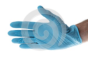 Hand with a blue latex glove, isolated on white