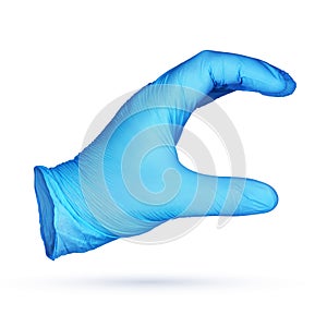 Hand in blue protective glove holding something isolated on white