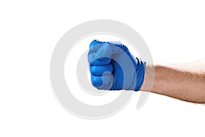 Hand in blue rubber glove showing gesture symbol, on white isolate