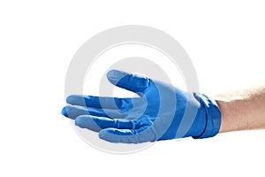 Hand in blue rubber glove showing gesture symbol, on white isolate