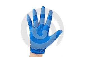 Hand in blue rubber glove showing gesture symbol, on white isolate