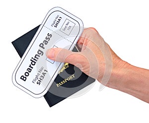 Hand with Boarding Pass and Passport isolated