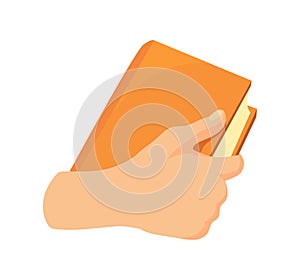 Hand with book. People hands holding notebook of education for learning knowledge, flat icon cartoon vector illustration