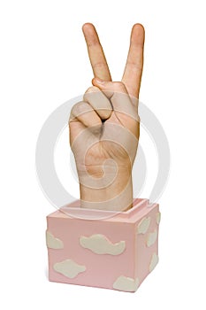 Hand in box (victory sign)