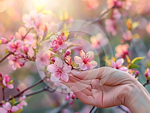Hand with a branch on a background with flowers on a sunset spring day