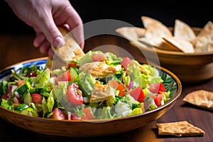 hand breaking crispy pita bread over fattoush salad