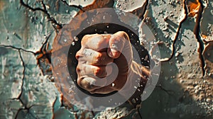 Hand breaking through the wall. Strength and power concept