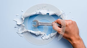 Hand breaks through white wall with spanner tool