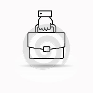 Hand with briefcase line icon, vector isolated outline symbol.