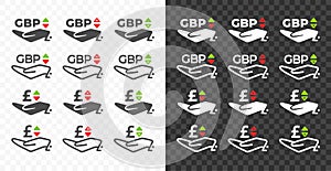 Hand and British Pound, GBP with up and down arrow currency exchange rate vector design. Foreign currencies, exchange rates value