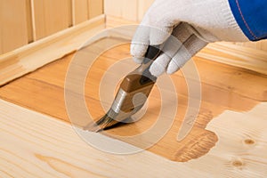 Hand with a brush covers the wooden floor with dark varnish