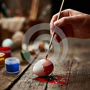 a hand with a brush paints an Easter egg