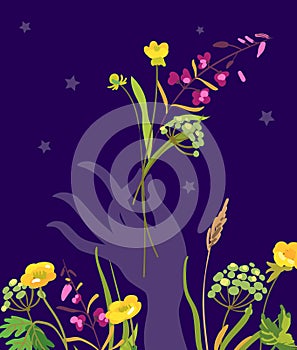 Hand of buddha with bouquet of wildflowers. Beautiful vector illustration.