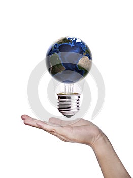 Hand and bulb with globe isolated on white background