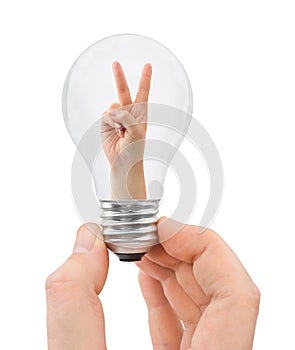 Hand with bulb and victory sign