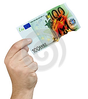 Hand Burning Flames 100 Euro Banknote Isolated