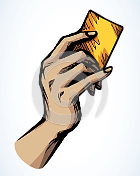 Hand with business card. Vector drawing