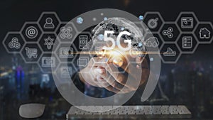 Hand of business man.Global network connection 5G with icon concept, technology network wireless systems and internet of things,