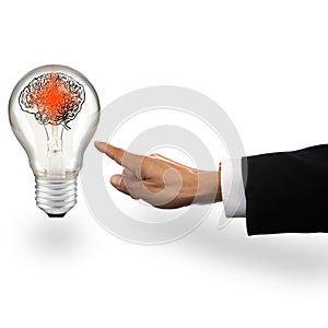 Hand of business man pointing to light bulb with red smart brain