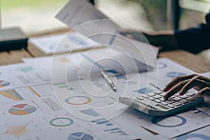 Hand of a business man using a calculator to check financial accounts, check expenditures and company