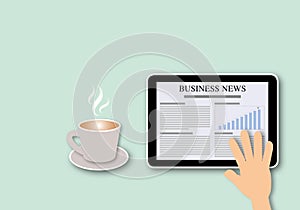 Hand with Business News on Tablet and coffee on pastel green background.
