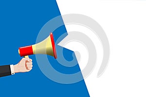 Hand in a business suit holds a bullhorn, megaphone. Template for announcements, messages. Vector horizontal