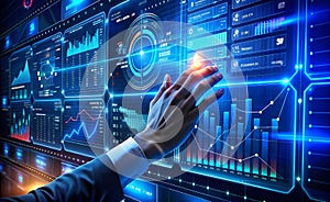 (Business Data Analysis: Hand Pointing to Graph on Technology Background)