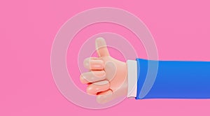 Hand in a business suit points a thumbs up, 3d. A cartoon hand of a businessman shows a gesture of approval.