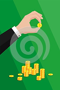 Hand of a businessman in a business suit holds, gives a gold coins, money, dollars. Vector vertical