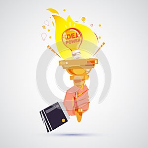 Hand of businessman with fire torch and lighting of idea symbol inside. idea power - vector illustration